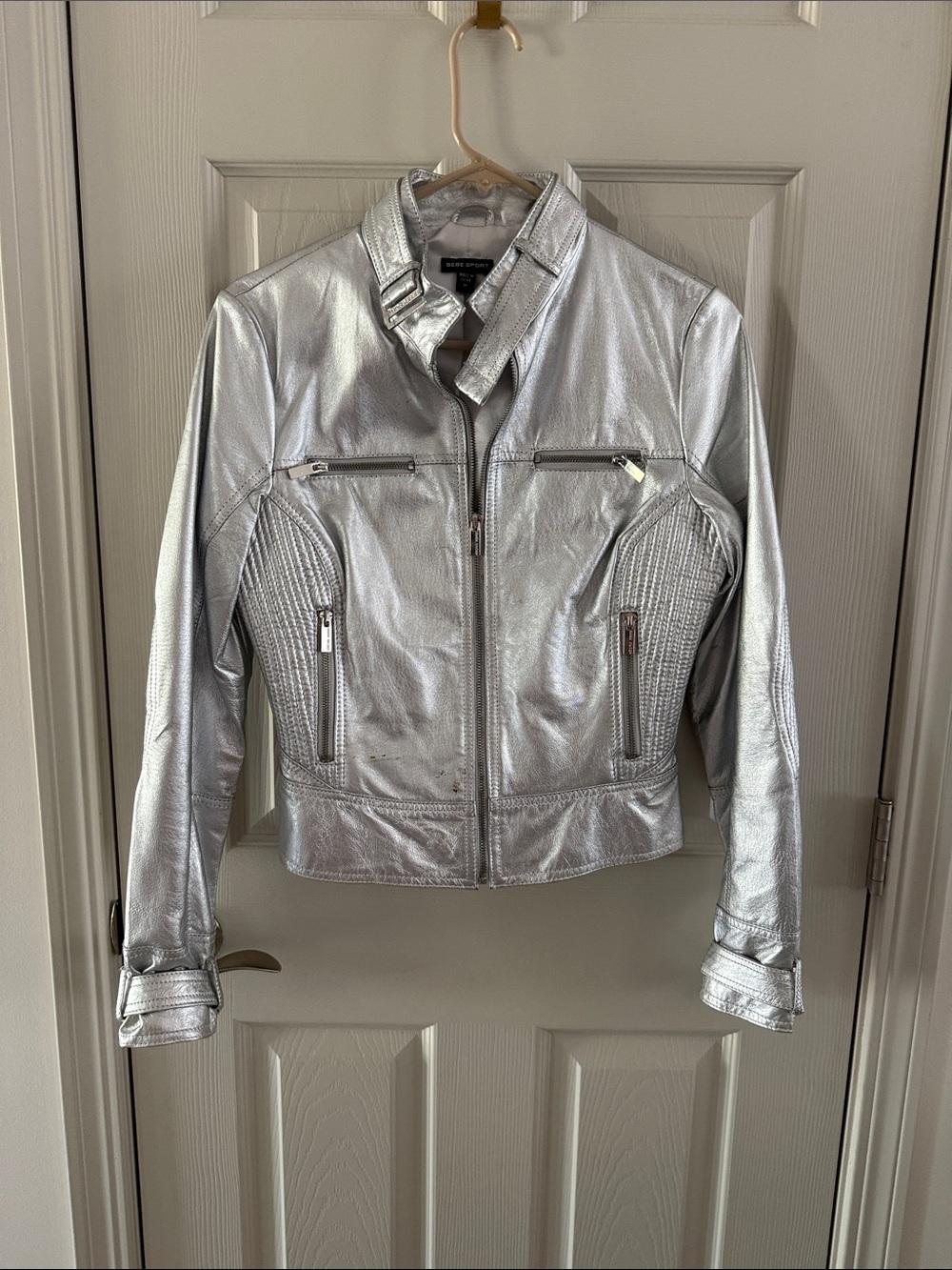 bebe Metallic Silver Moto Leather Jacket